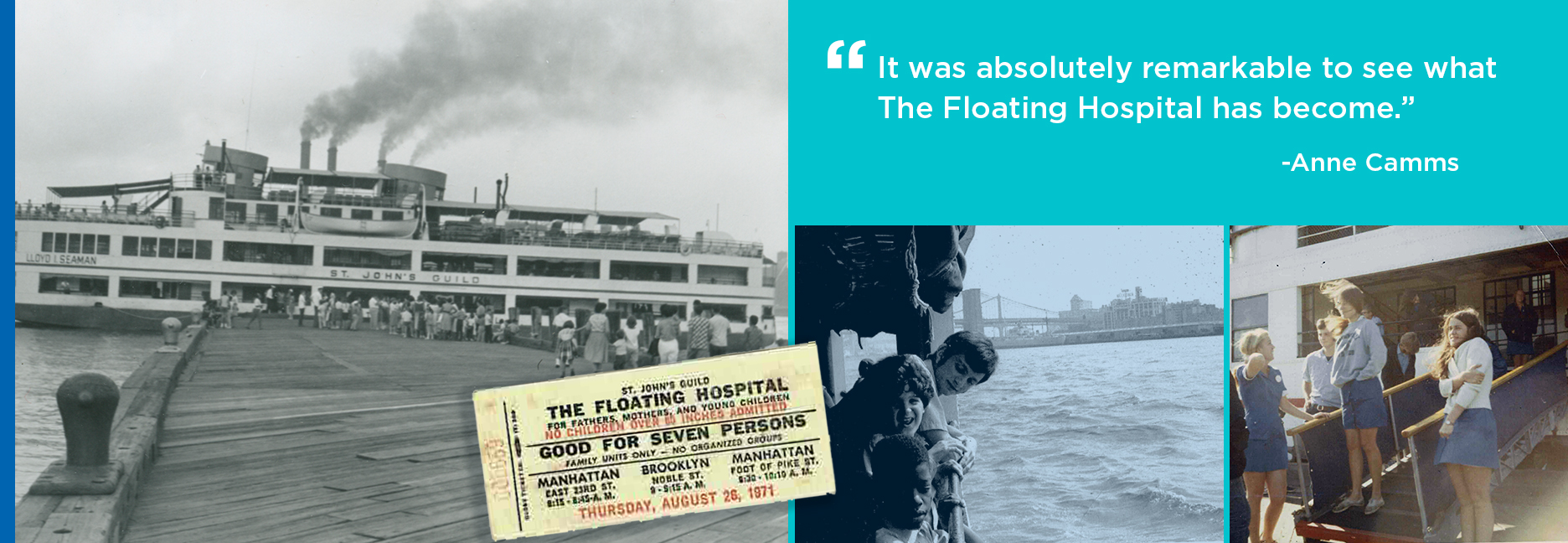 images of the old floating hospital ship and pull quote