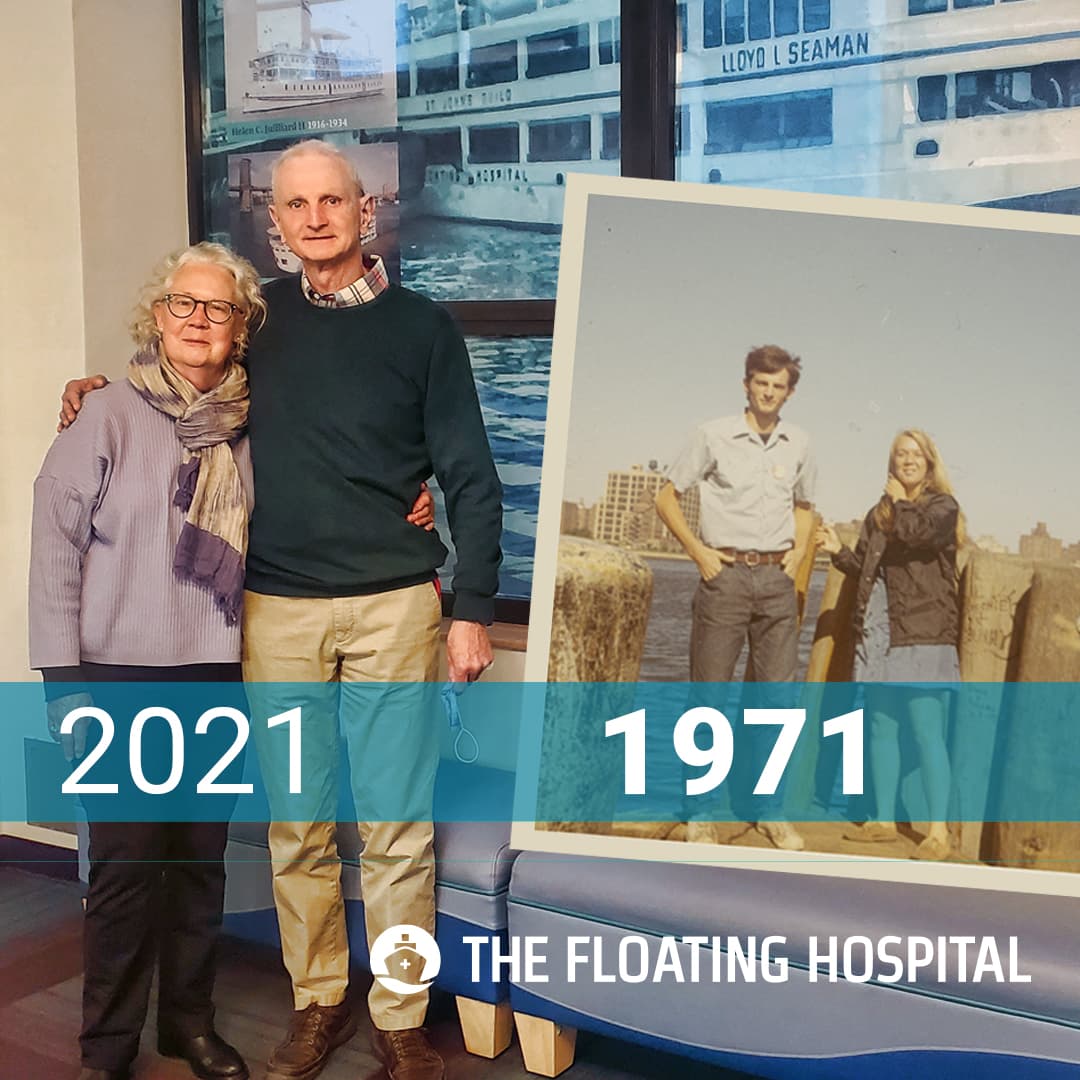 anne and peter camm at the new floating hospital clinic and at the boat they met on