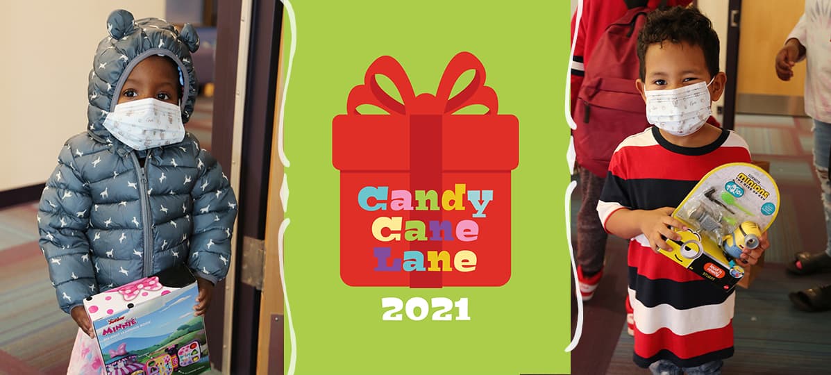 kids with toys and candy cane lane graphic